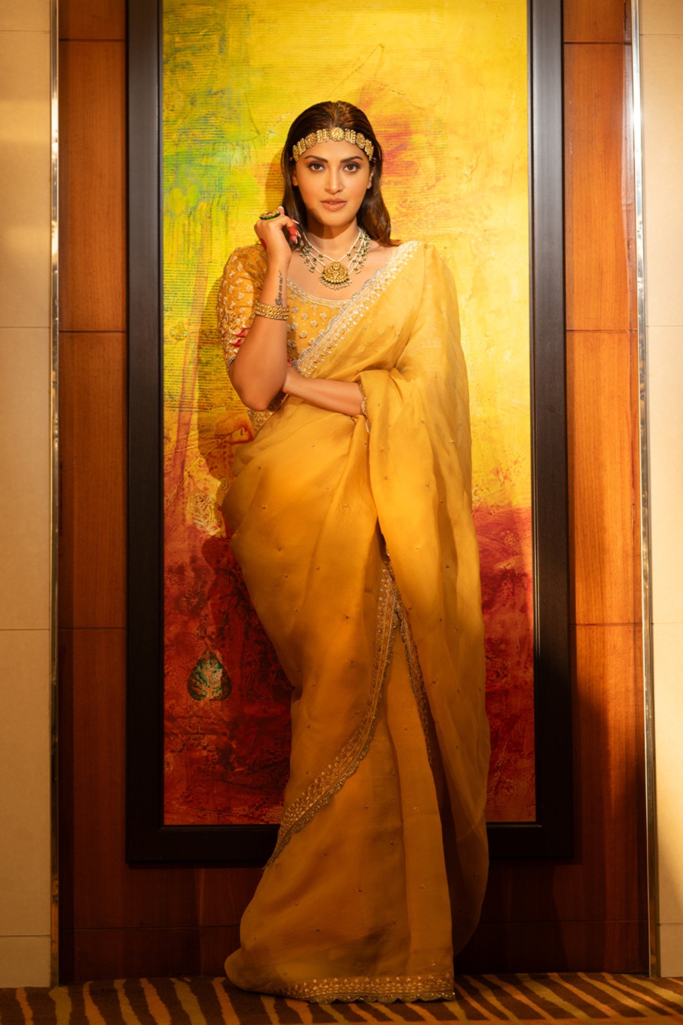 Hand-Embroidered Mango Gold-Yellow Saree-Blouse Set
