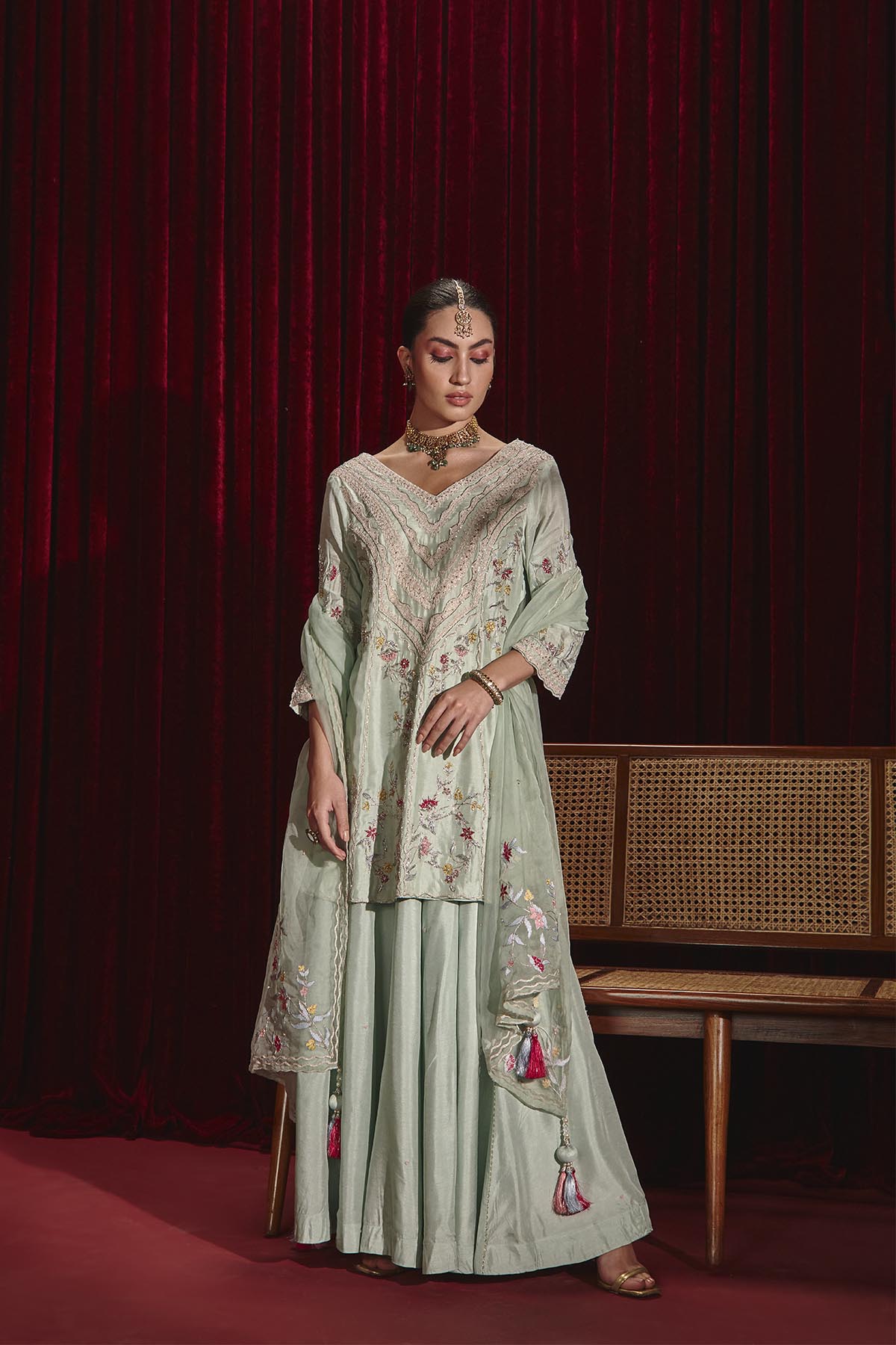 Powder Blue Dupion Silk Embroidered Kurta Sharara Set for Weddings