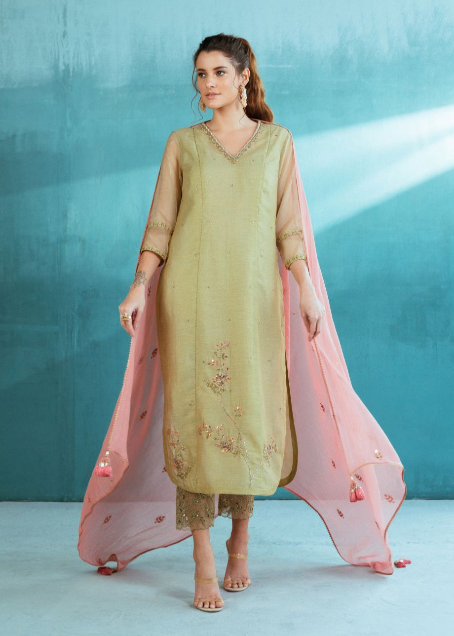 Pista Green Tissue Chanderi Kurta Pant Set