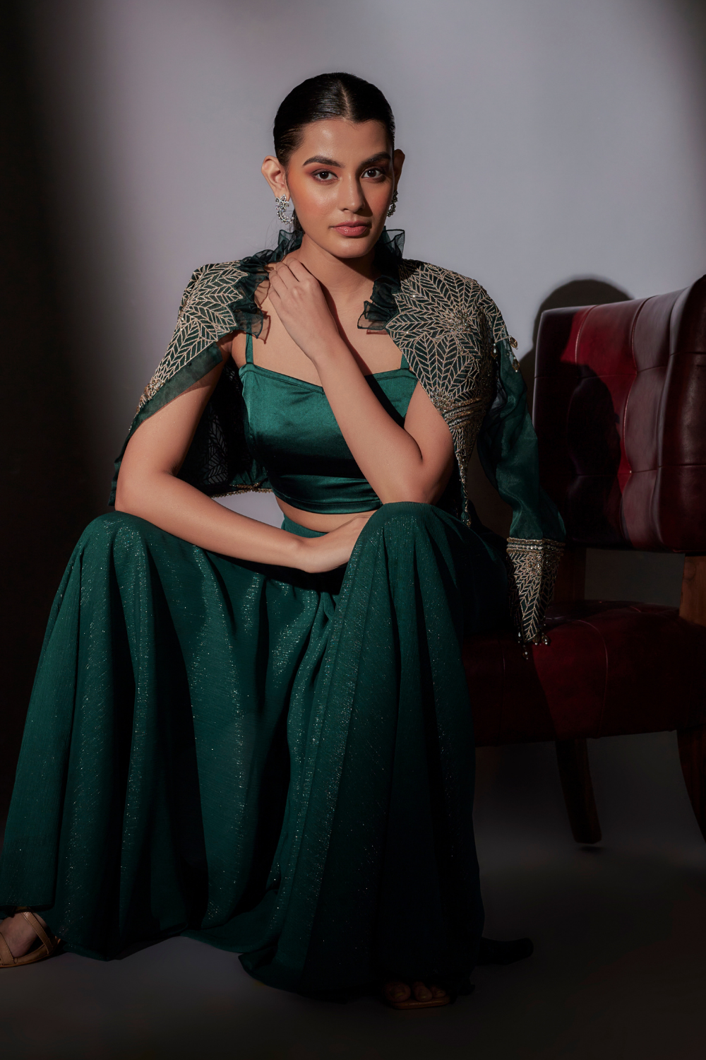 Green June Jacket Set with Embroidered Organza Sharara