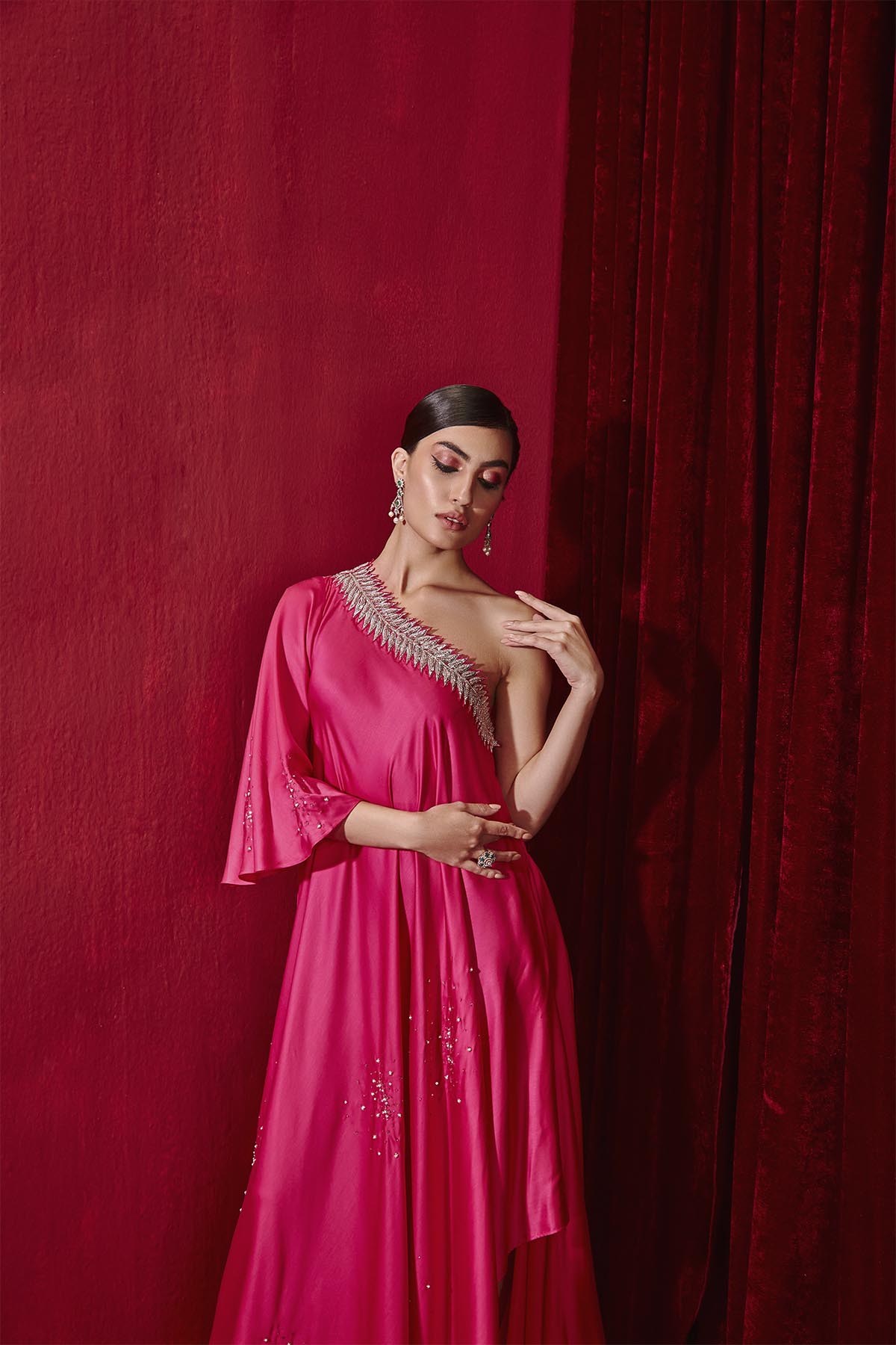 Rani Pink Asymmetrical One Shoulder Modal Silk Long Dress