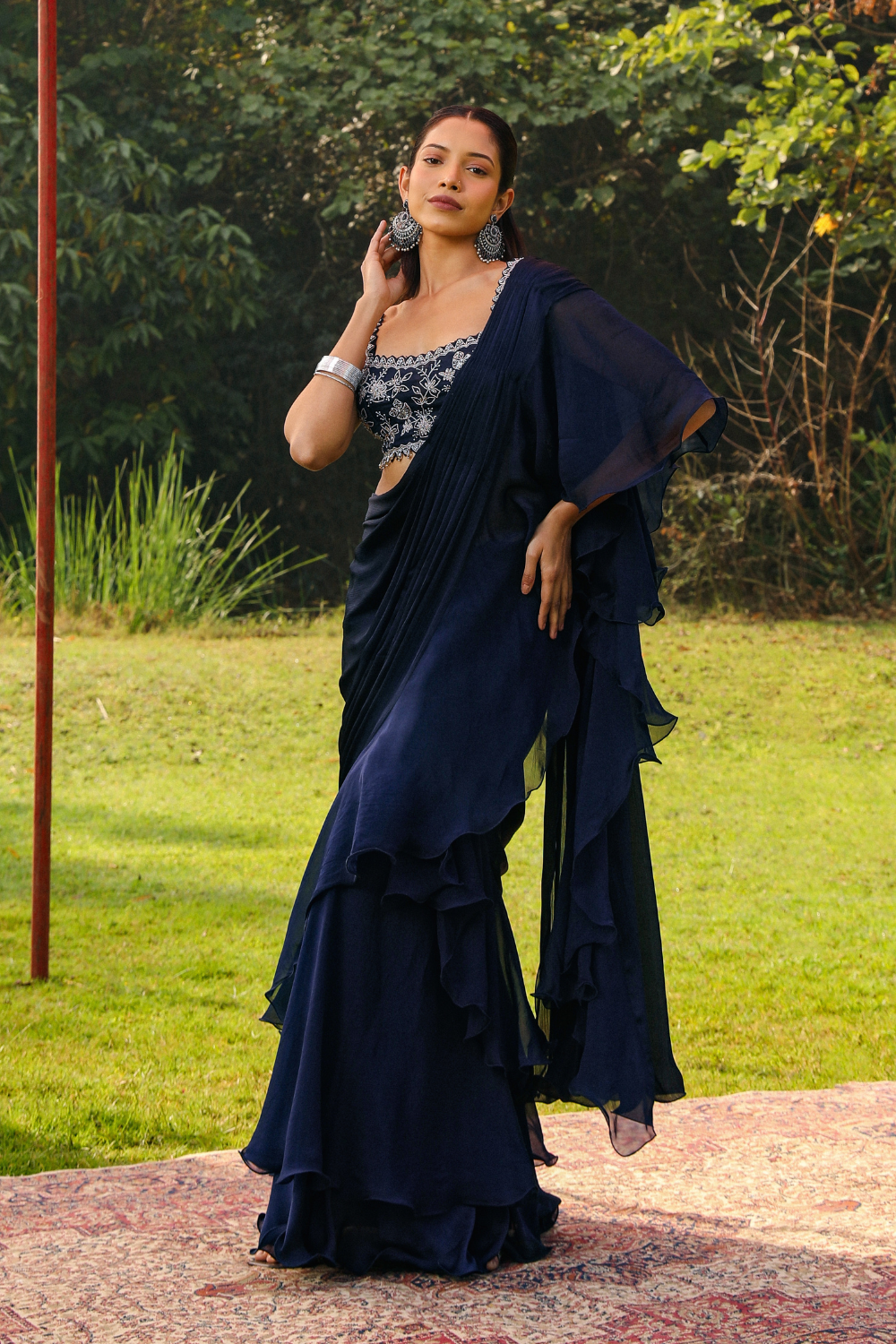Navy Blue Taraa Pre-Stitched Drape Saree with Princess Sleeves