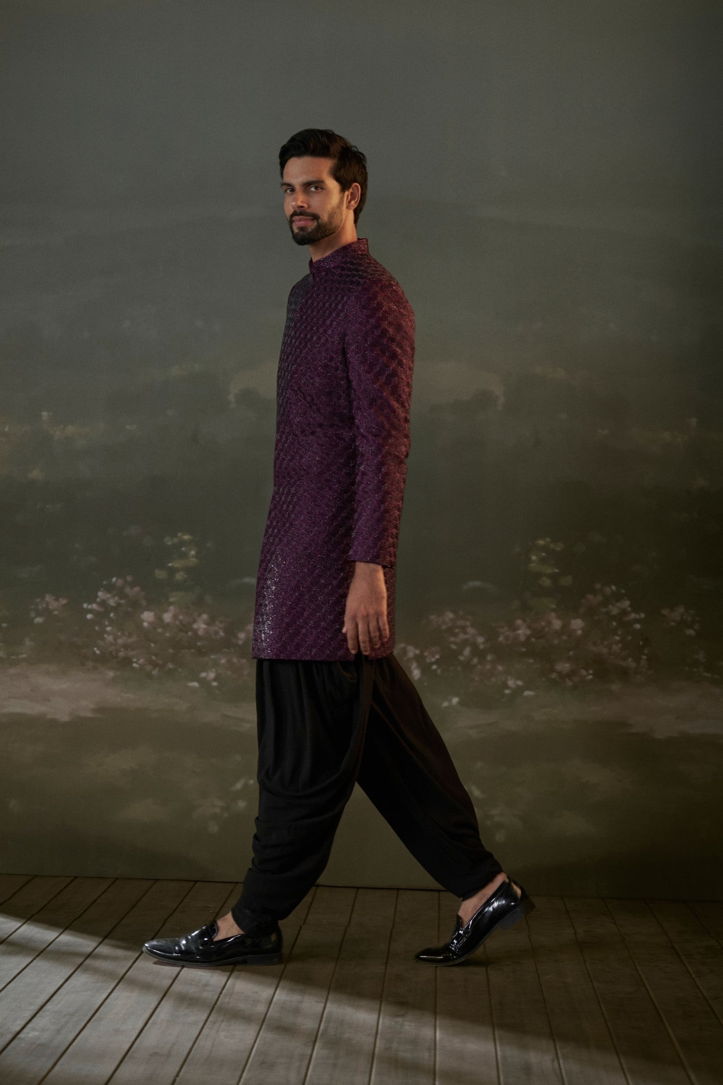 Purple Embroidered Raw Silk Sherwani with Black Kurta Dhoti