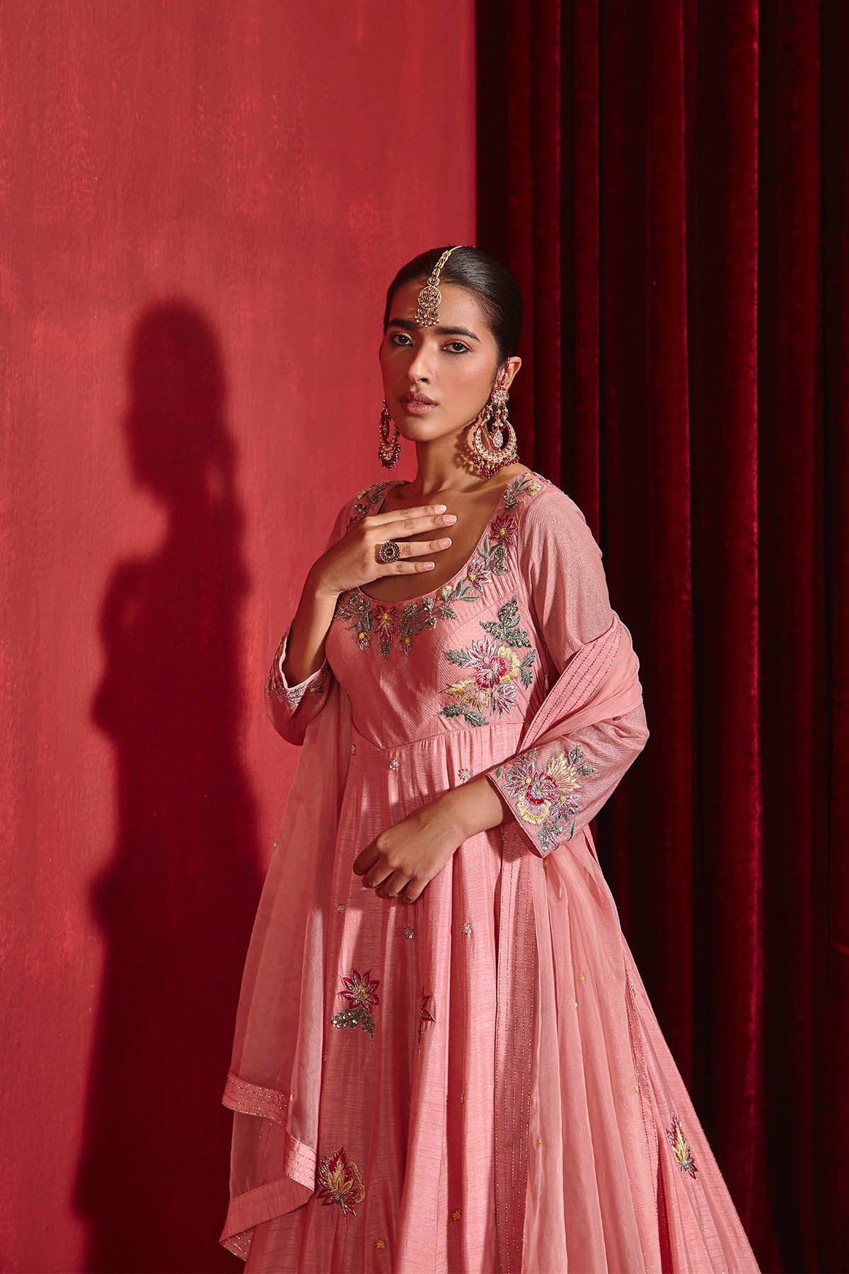 Rose Pink Embroidered Dupion Silk Anarkali Set with Organza Dupatta