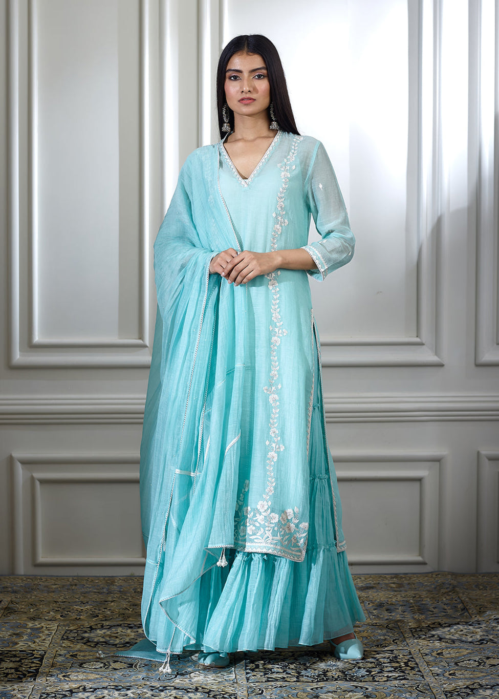 Aqua Embroidered Kurta With Sharara