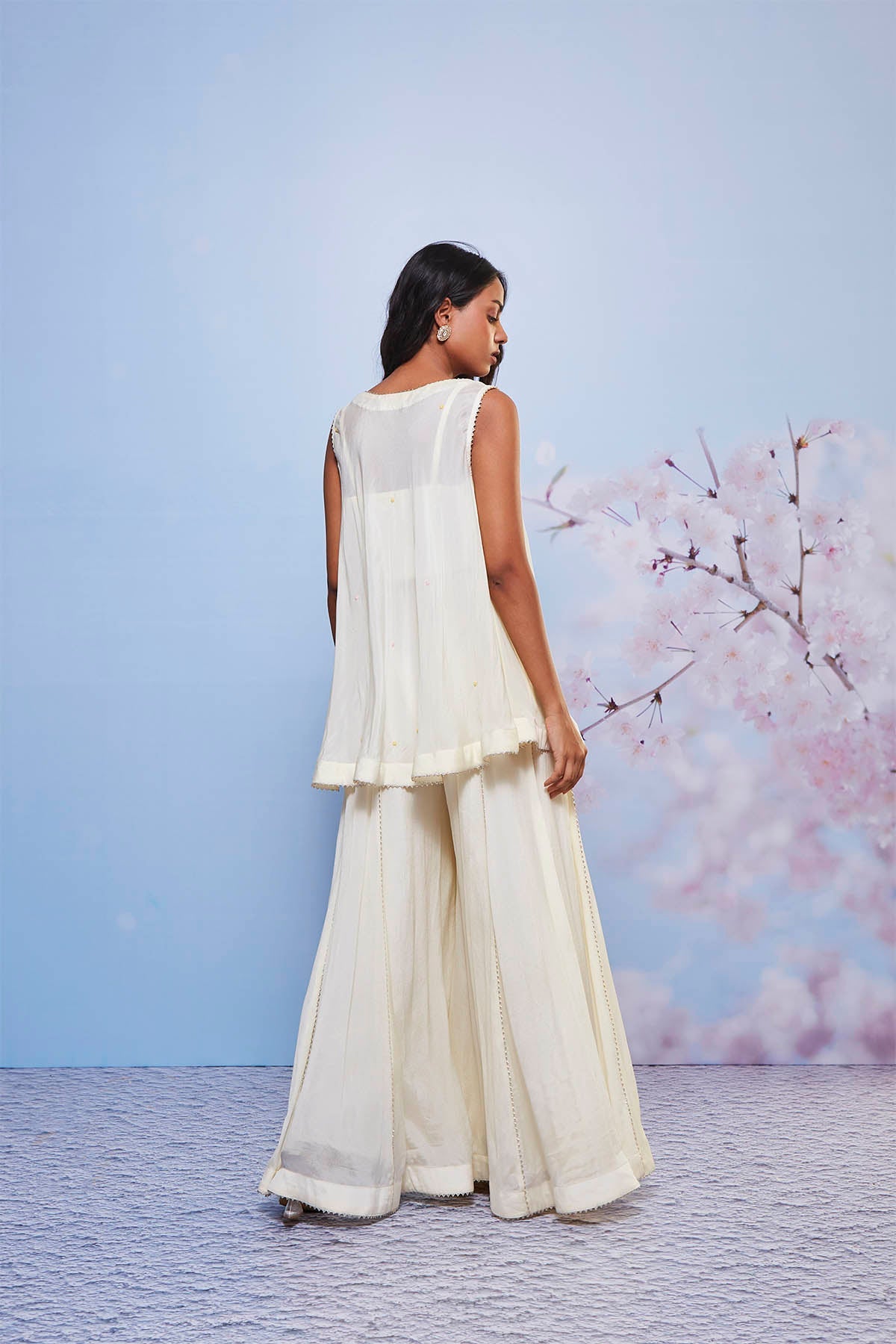 Ivory Chiffon Embroidered A-Line Kurta with Gota Sharara Set