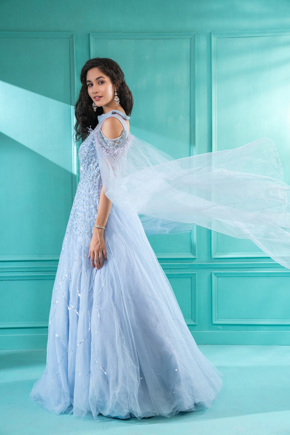 Powder Blue Sequins Embroidered Tulle Flared Gown - Auraya Fashion -  - #tag1# - #tag2# - #tag3# - #tag3#