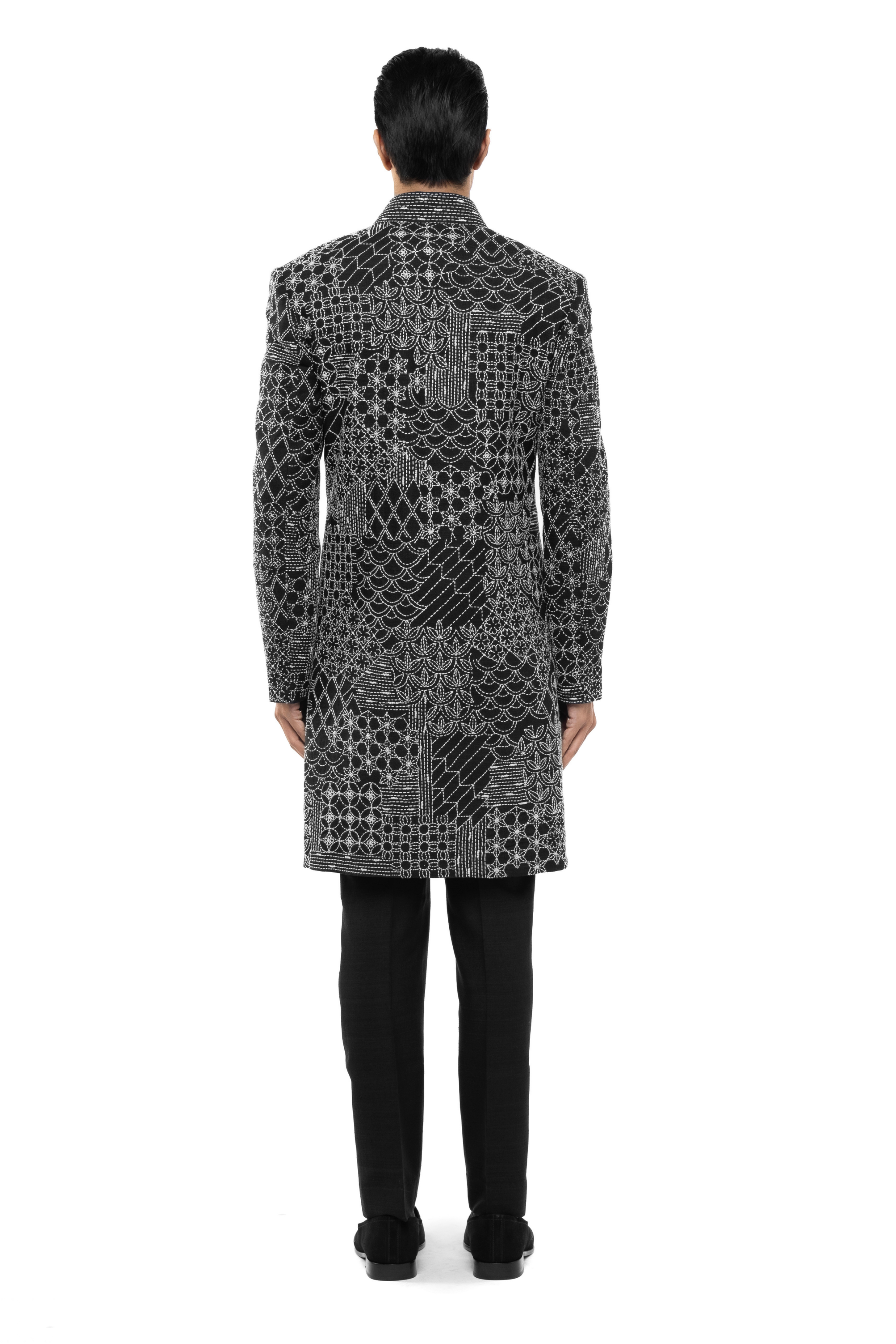 Black Linen Thread Embroidery Open Sherwani Set