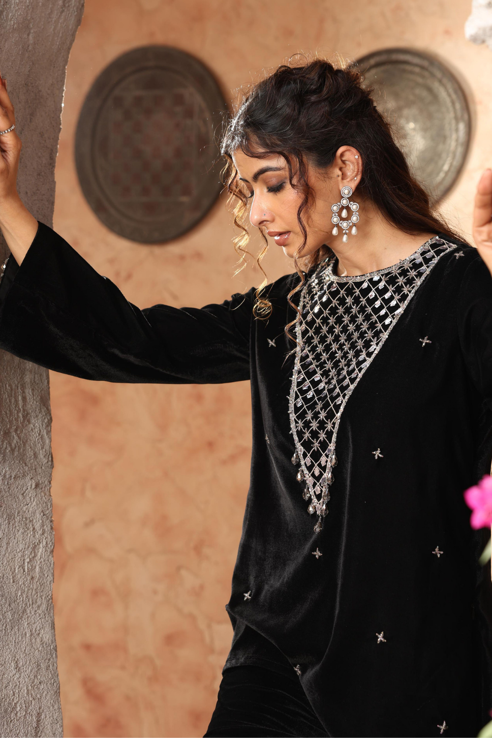 Elegant Black Velvet Embroidered Co-ord Set - Luxury Evening Wear