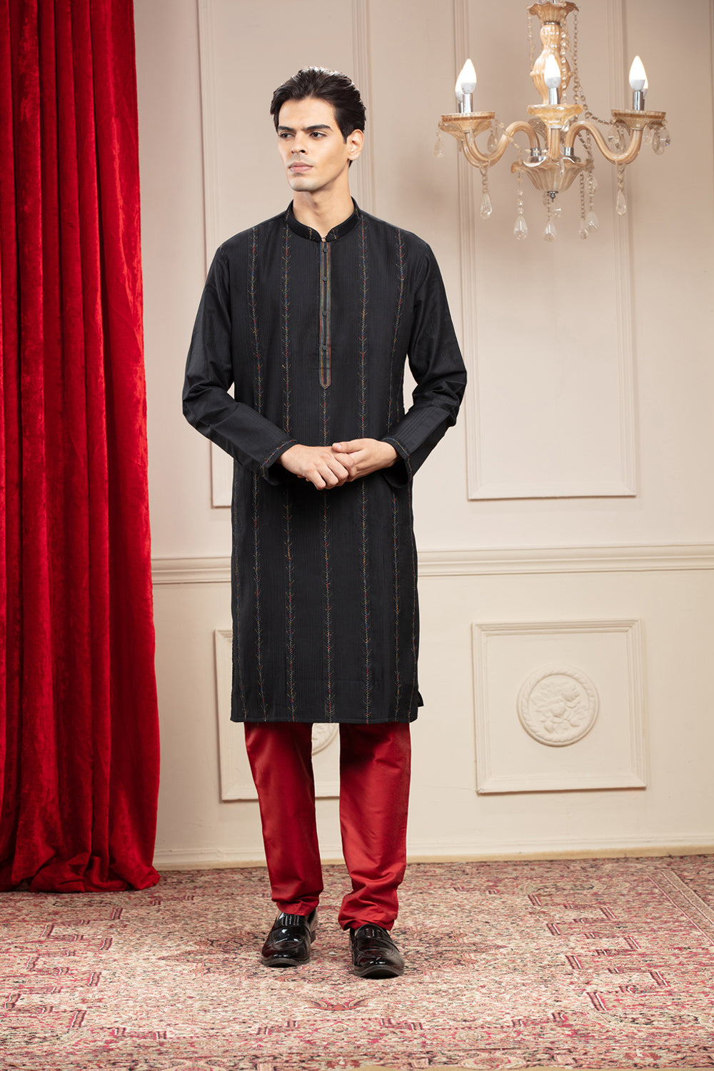 Black Full Sleeves Kurta With Thread Work & Red Pajama - Auraya Fashion - Riyaasat Men - #tag1# - #tag2# - #tag3# - #tag3#