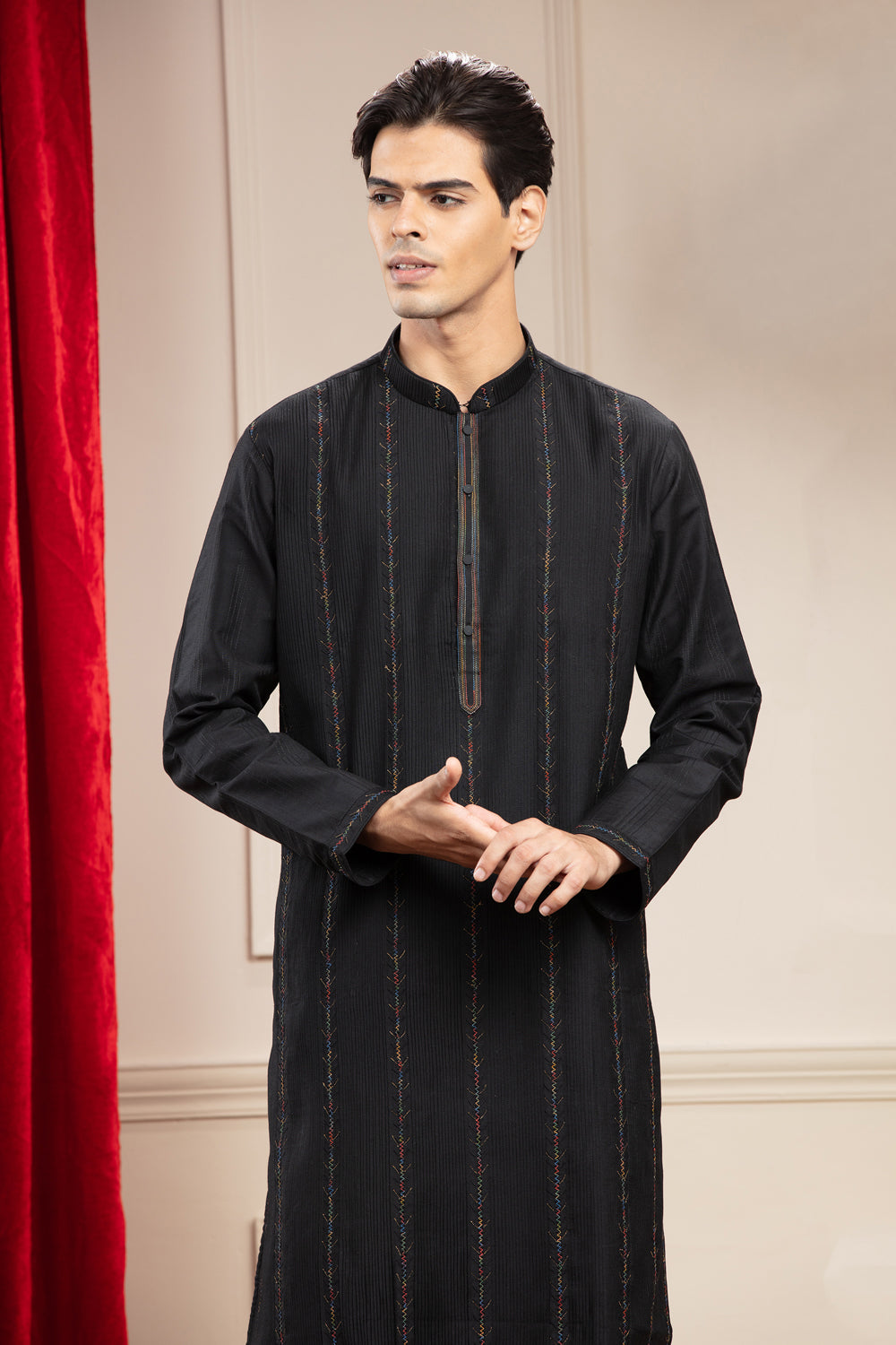 Black Full Sleeves Kurta With Thread Work & Red Pajama - Auraya Fashion -  - #tag1# - #tag2# - #tag3# - #tag3#