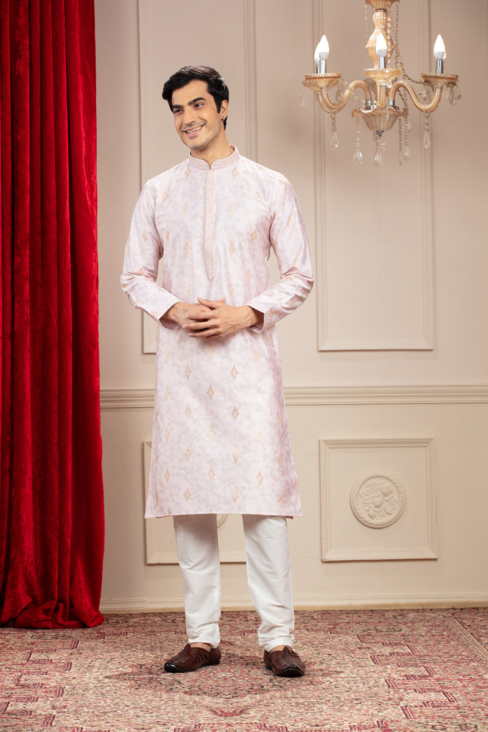 Rose White Printed Banarasi Kurta Pajama Set - Auraya Fashion - Riyaasat Men - #tag1# - #tag2# - #tag3# - #tag3#