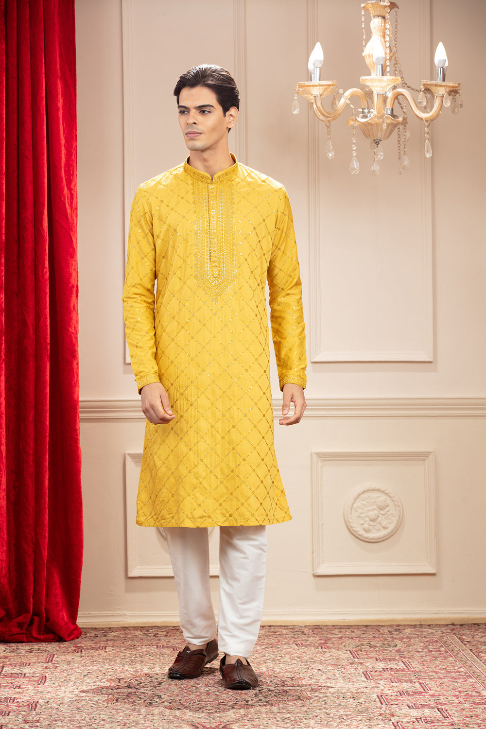 Golden Yellow Kurta Pajama Set With Mirror And Sequins Work In Silk - Auraya Fashion - Riyaasat Men - #tag1# - #tag2# - #tag3# - #tag3#