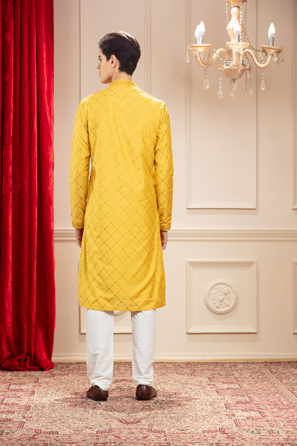 Golden Yellow Kurta Pajama Set With Mirror And Sequins Work In Silk - Auraya Fashion -  - #tag1# - #tag2# - #tag3# - #tag3#