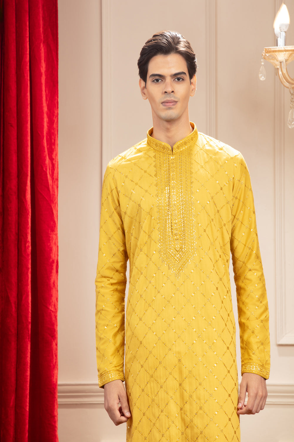 Golden Yellow Kurta Pajama Set With Mirror And Sequins Work In Silk - Auraya Fashion -  - #tag1# - #tag2# - #tag3# - #tag3#