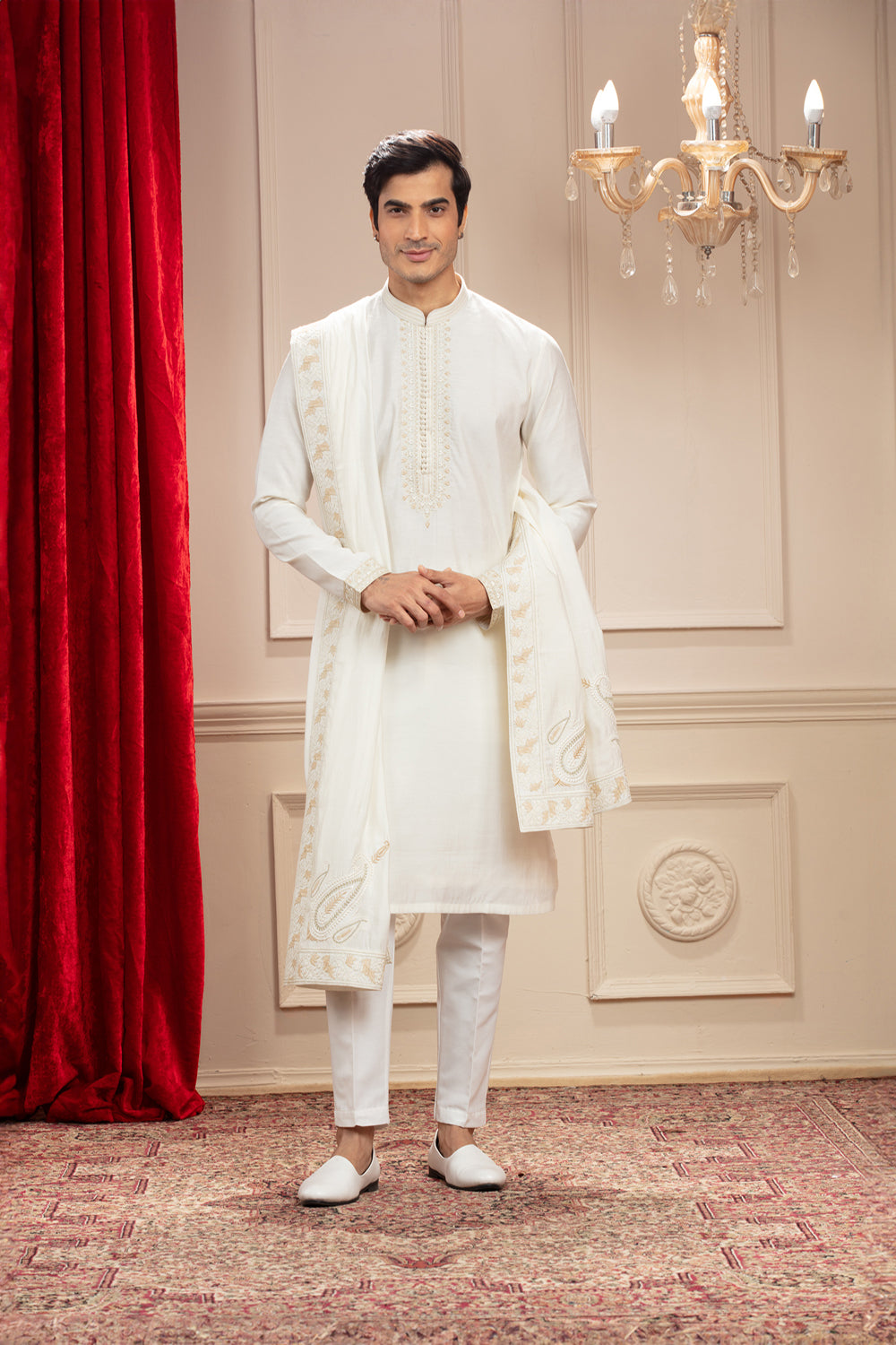 Alabaster White Banarasi Silk Kurta With Resham Work And Matching Dupatta - Auraya Fashion - Riyaasat Men - #tag1# - #tag2# - #tag3# - #tag3#