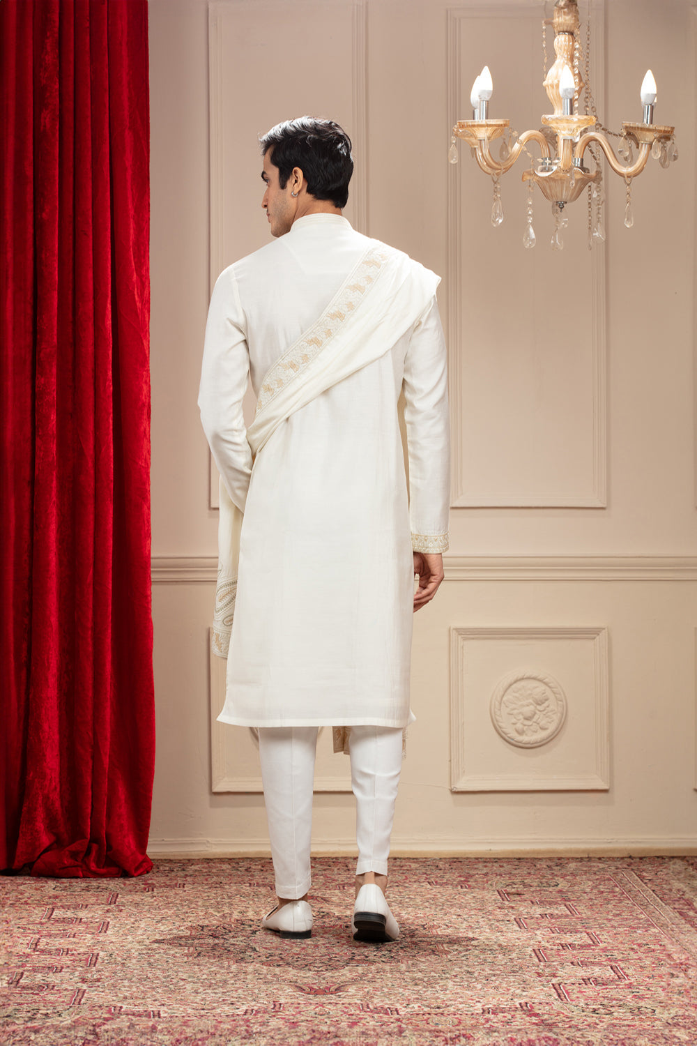 Alabaster White Banarasi Silk Kurta With Resham Work And Matching Dupatta - Auraya Fashion -  - #tag1# - #tag2# - #tag3# - #tag3#