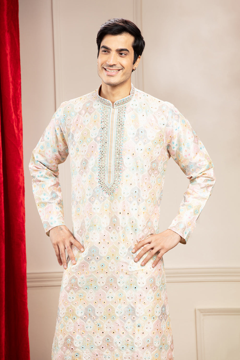 Multicoloured Banarasi Kurta Pajama With Position Print And Mirror Work