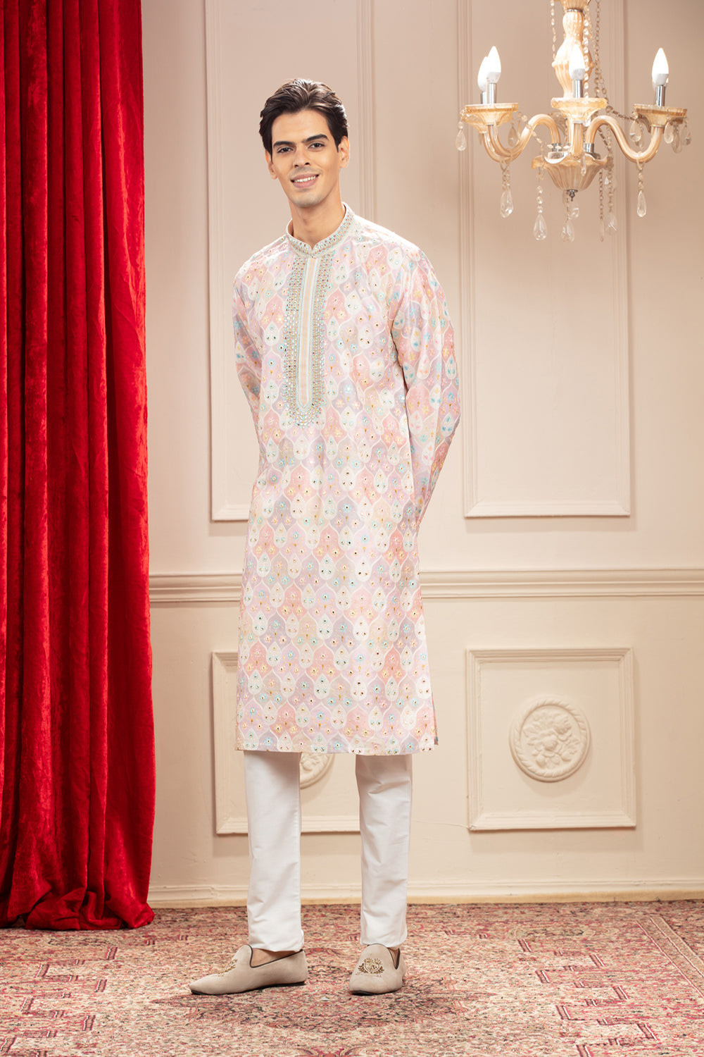 Multicolour Kurta Pajama Set With Hand Embroidery On Neck - Auraya Fashion - Riyaasat Men - #tag1# - #tag2# - #tag3# - #tag3#