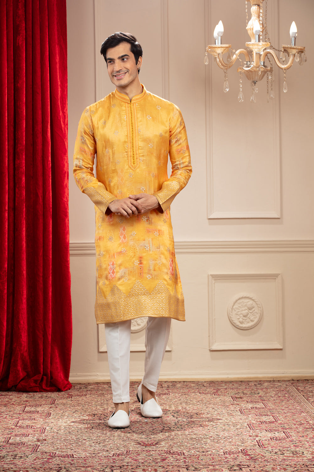 Golden Yellow Banarasi Kurta With Multicoloured Print - Auraya Fashion - Riyaasat Men - #tag1# - #tag2# - #tag3# - #tag3#