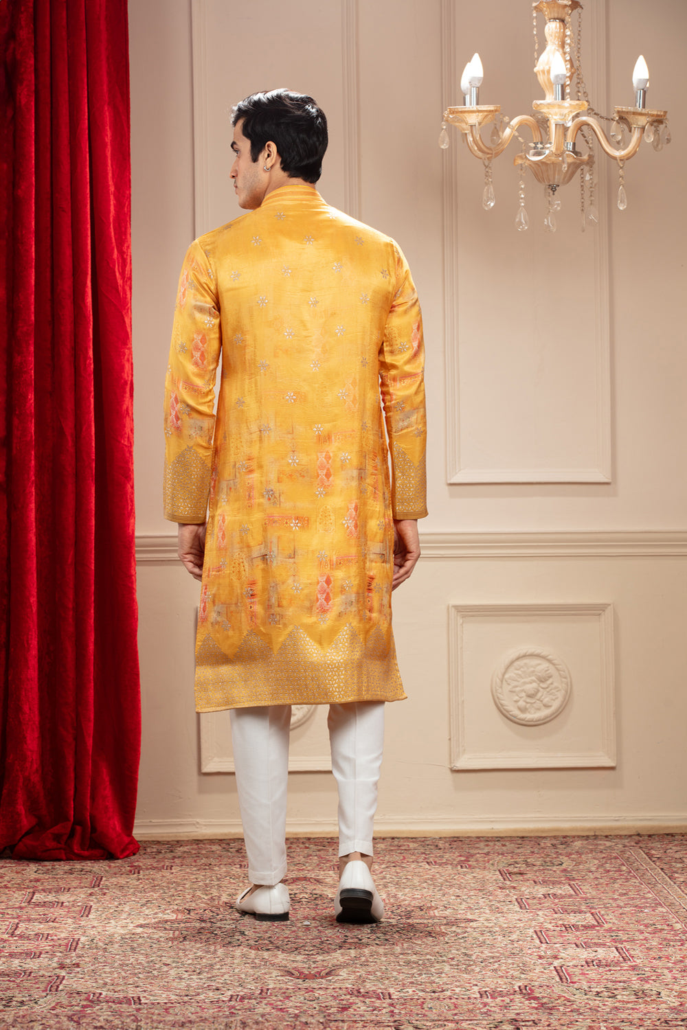 Golden Yellow Banarasi Kurta With Multicoloured Print - Auraya Fashion -  - #tag1# - #tag2# - #tag3# - #tag3#