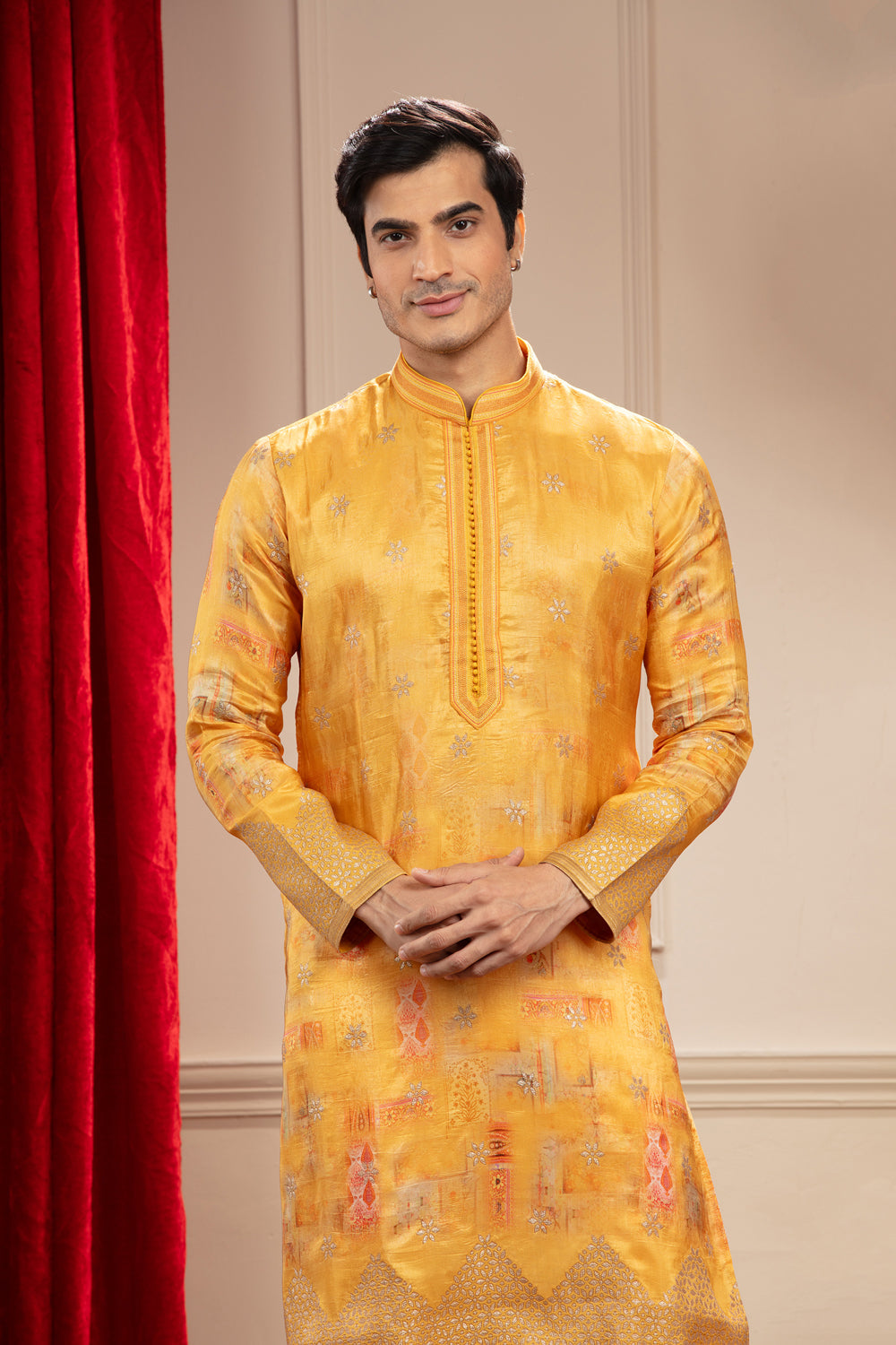 Golden Yellow Banarasi Kurta With Multicoloured Print - Auraya Fashion -  - #tag1# - #tag2# - #tag3# - #tag3#