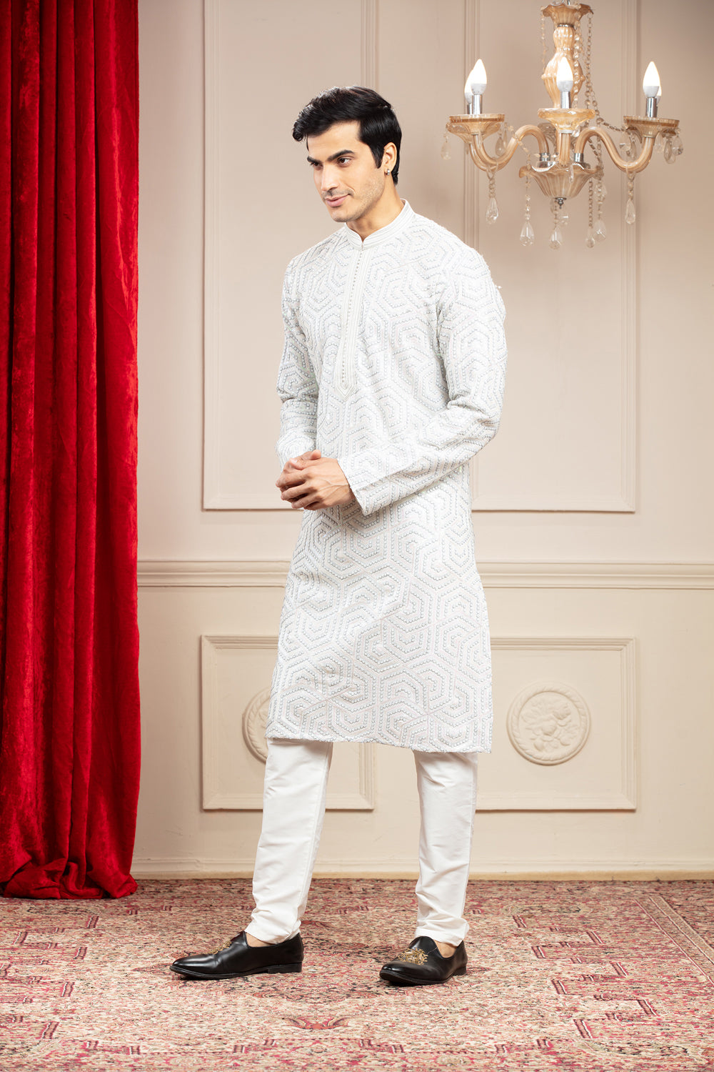 Greyish White Kurta Pajama Set With Coloured Sequins Work