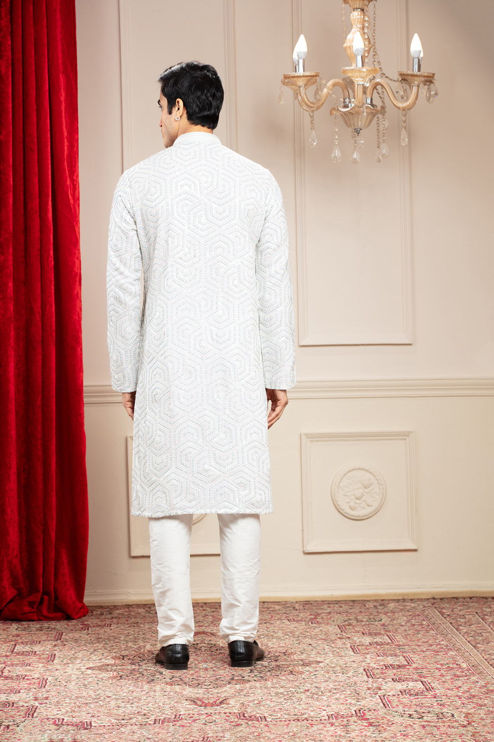 Greyish White Kurta Pajama Set With Coloured Sequins Work