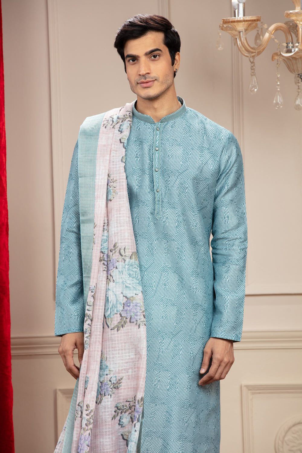 Ice Blue Kurta With Floral Dupatta And White Trousers