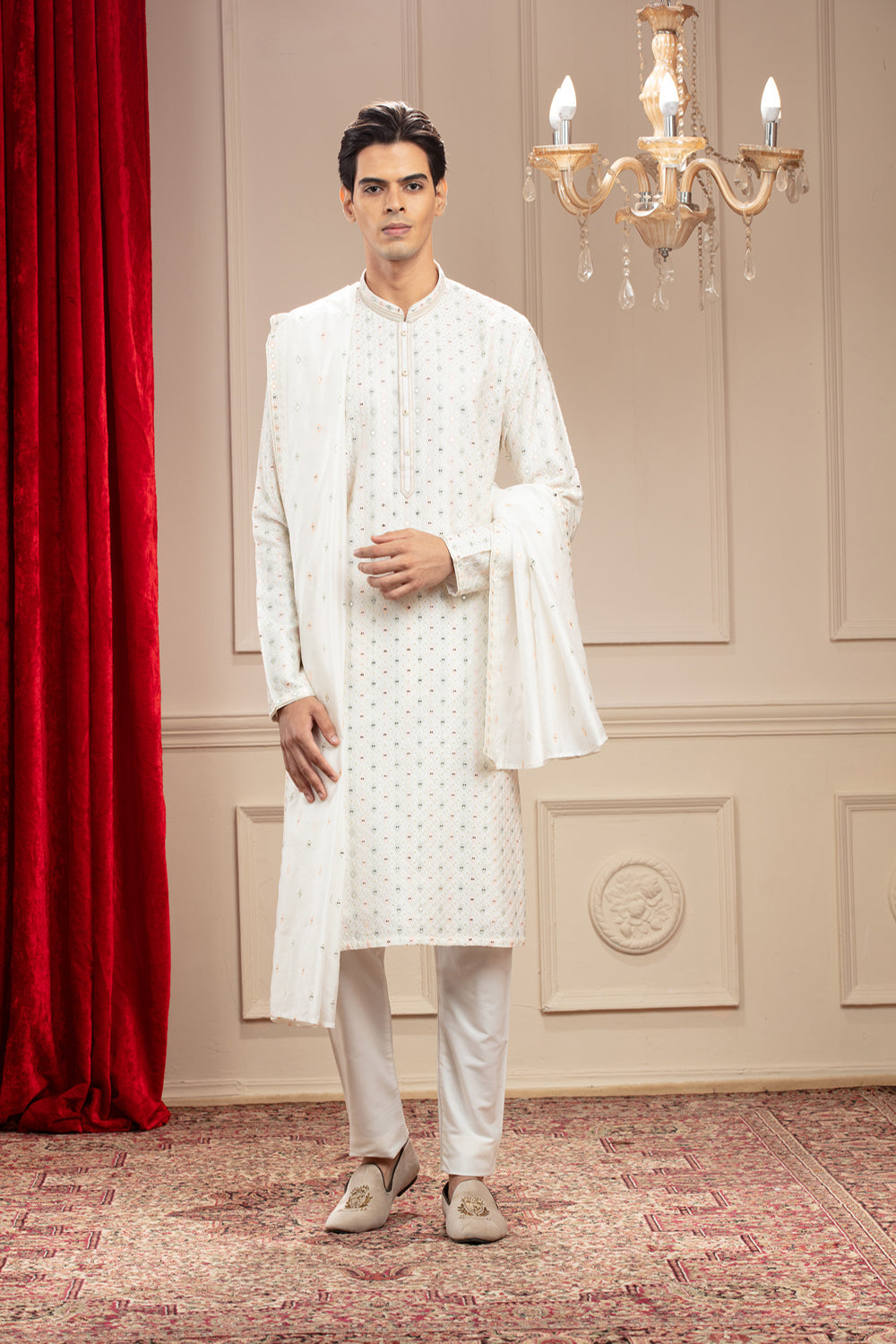 Milky White Banarasi Silk Kurta-Pajama Set With Dupatta - Auraya Fashion - Riyaasat Men - #tag1# - #tag2# - #tag3# - #tag3#