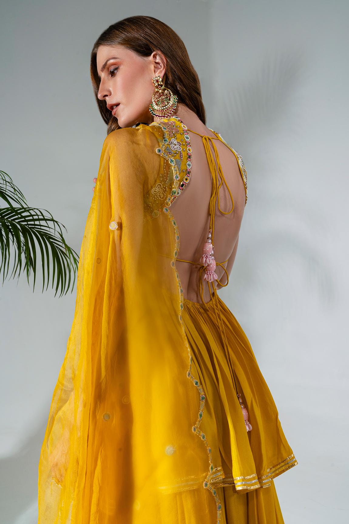 Yellow Georgette Thread Embroidered Peplum Kurta Sharara Set