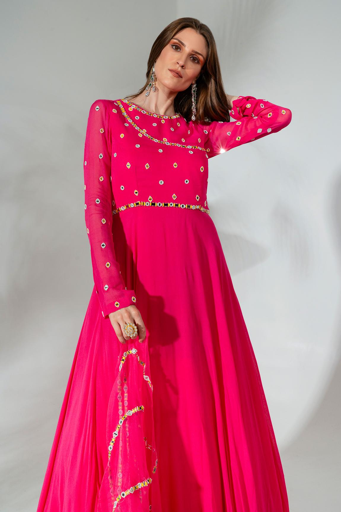 Fuchsia Georgette Mirrorwork Embellished Anarkali With Dupatta