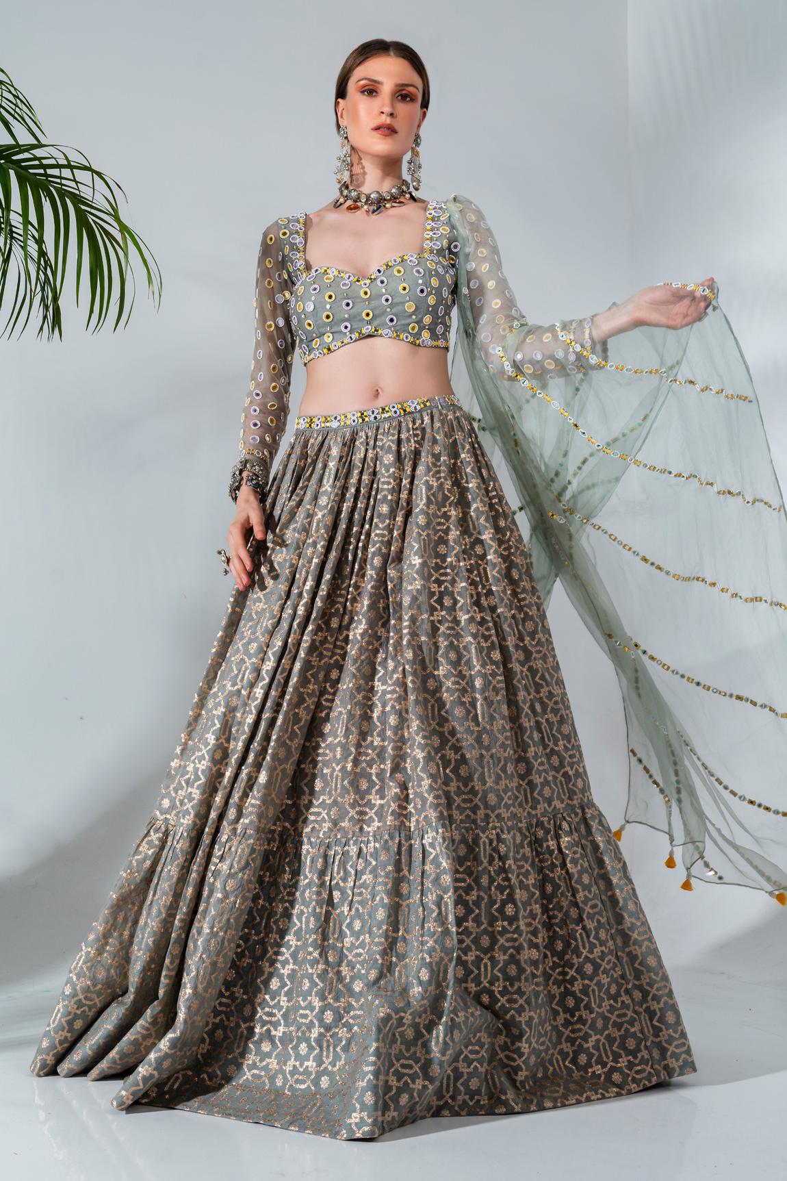 Geometrical pattern mirror work lehenga