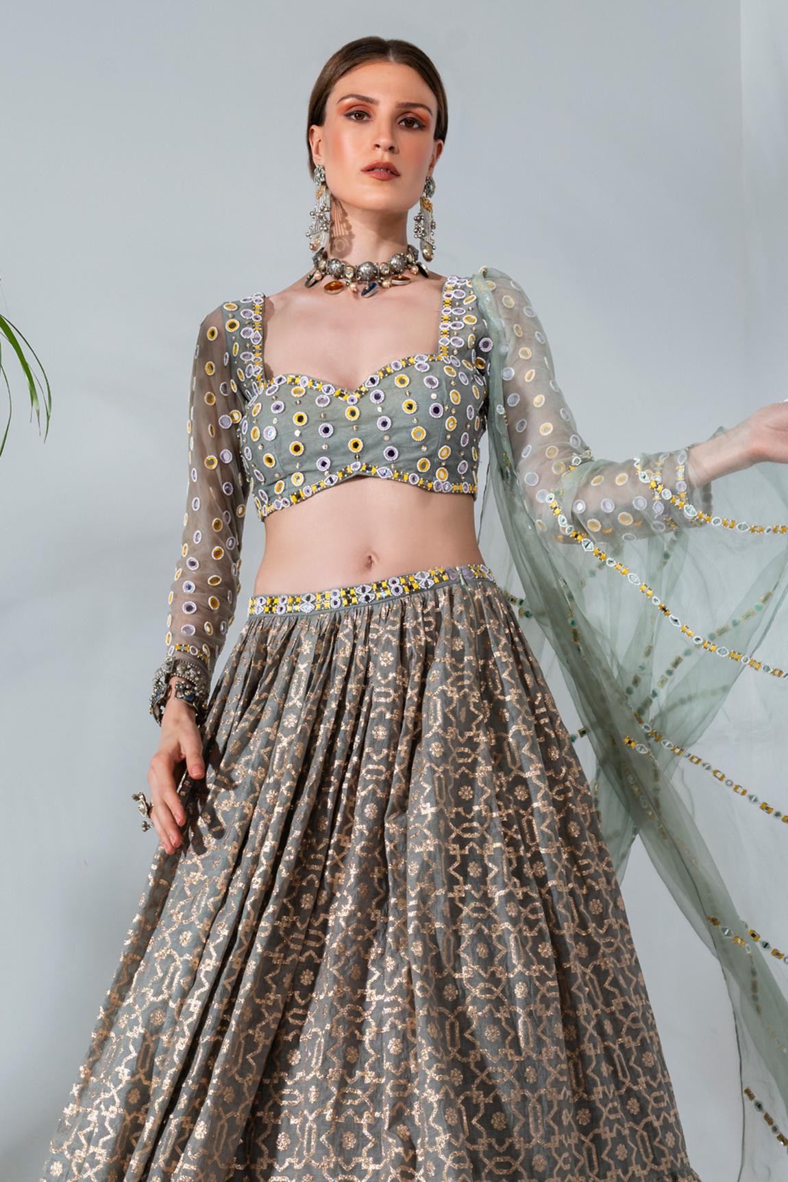 Geometrical pattern mirror work lehenga