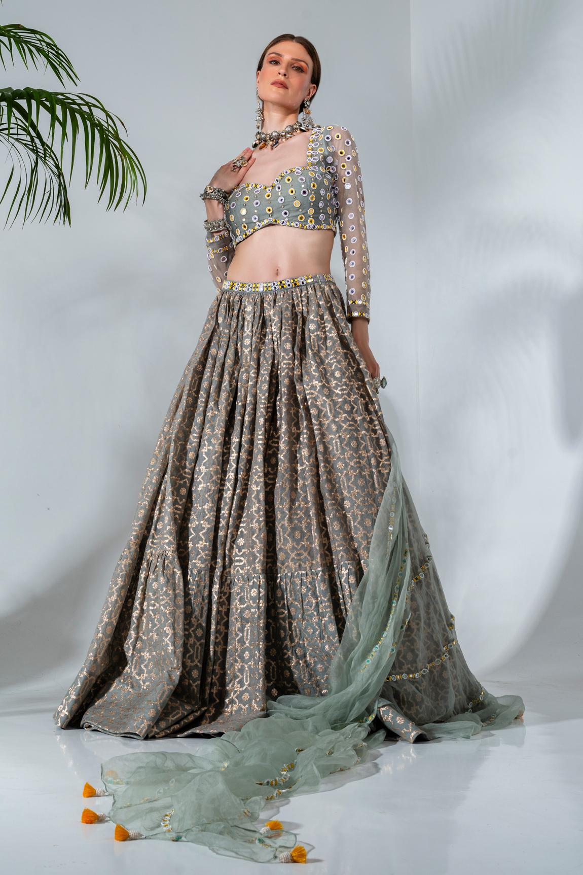 Geometrical pattern mirror work lehenga