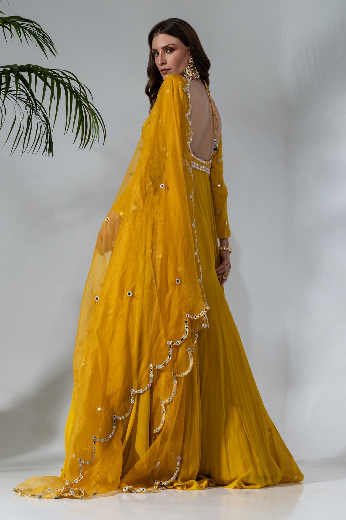 Yellow Embroidered Anarkali With Dupatta