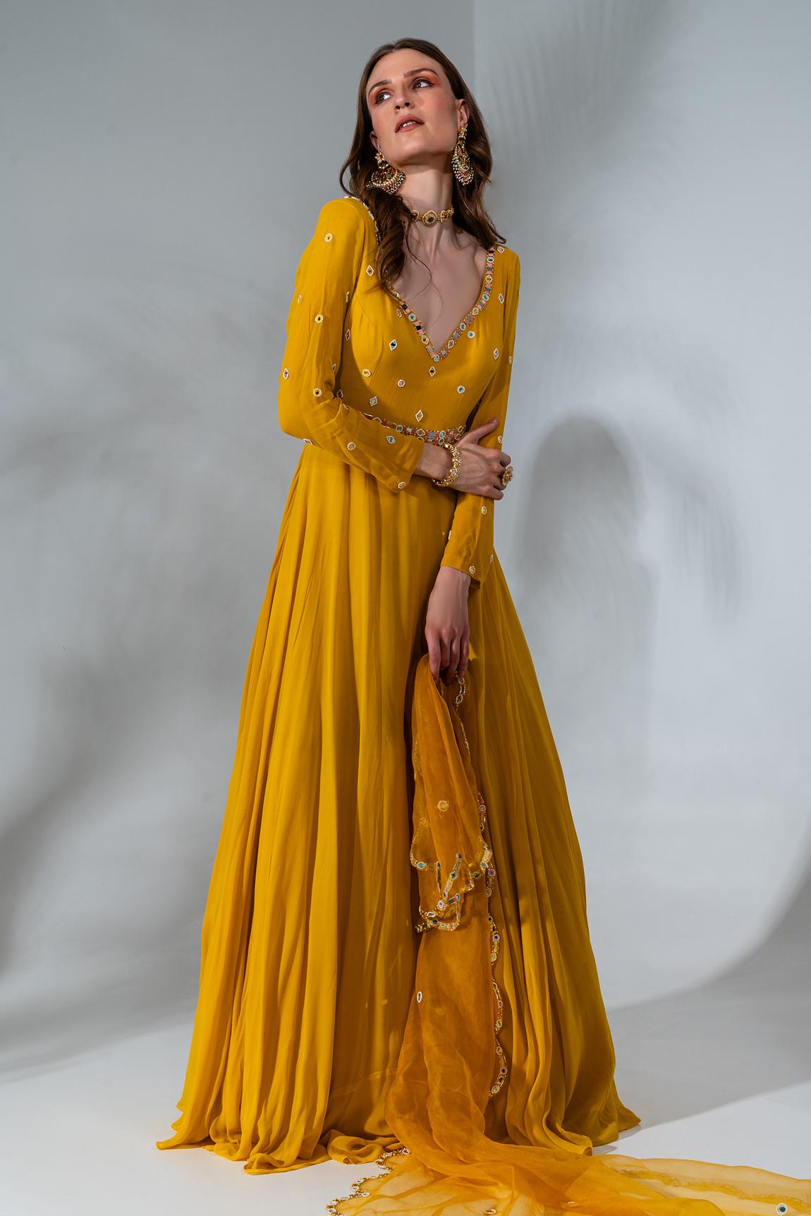 Yellow Embroidered Anarkali With Dupatta