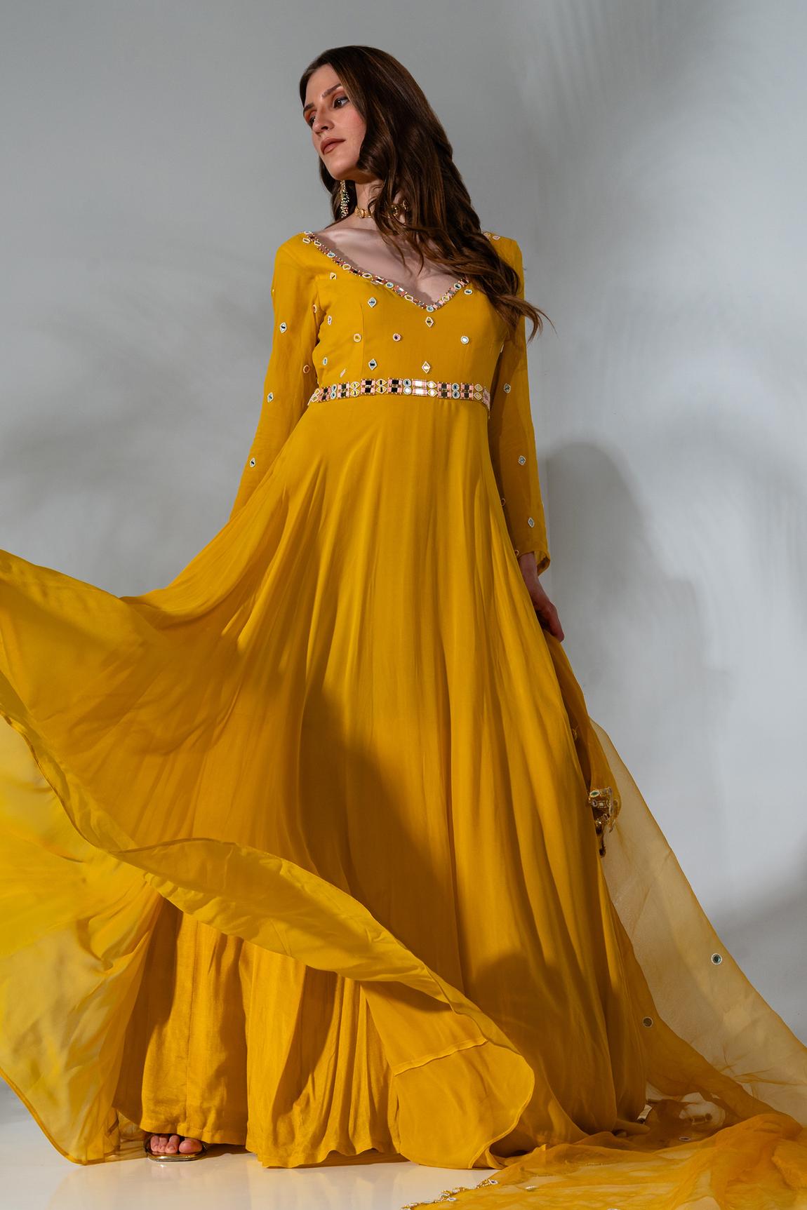 Yellow Embroidered Anarkali With Dupatta