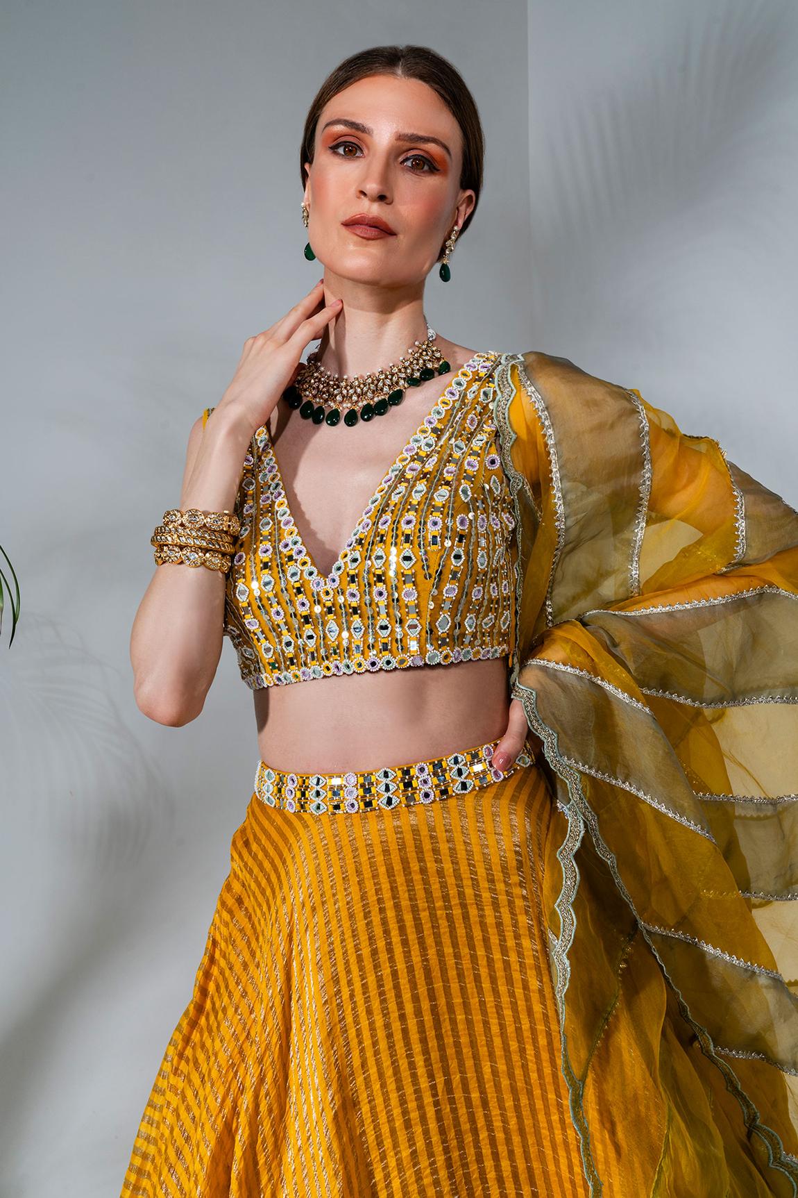 Yellow tissue silk lehenga