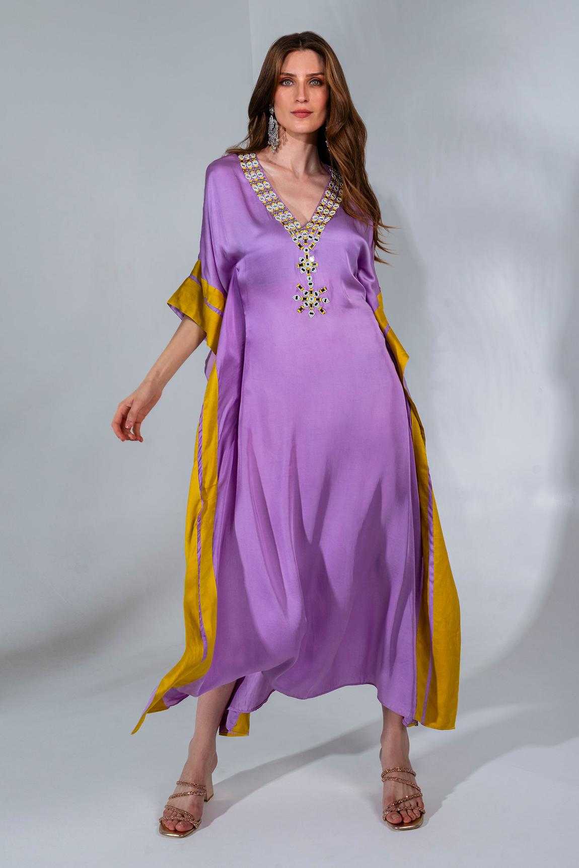 Purple Modal Satin Mirror Embellished Kaftan