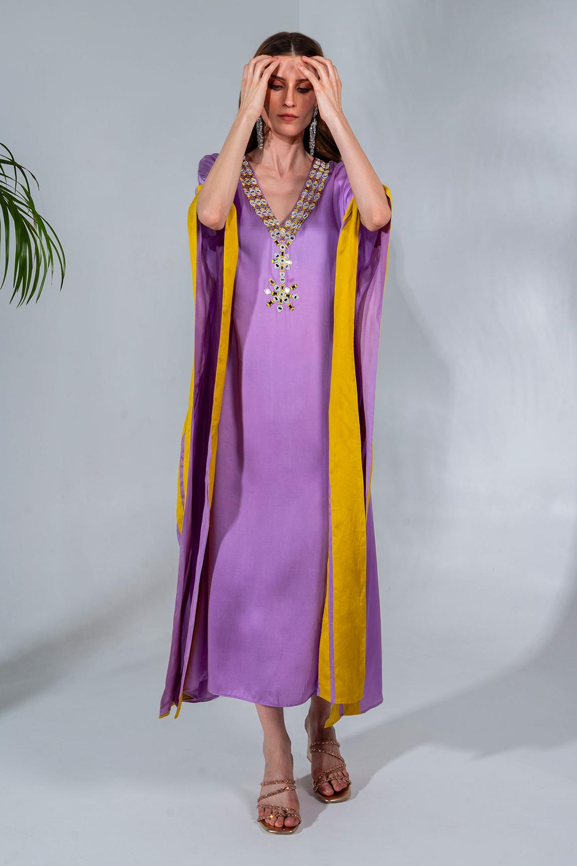 Purple Modal Satin Mirror Embellished Kaftan