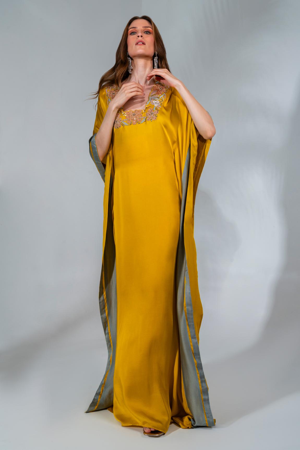 Yellow Modal Satin Floral Embeoidered Kaftan