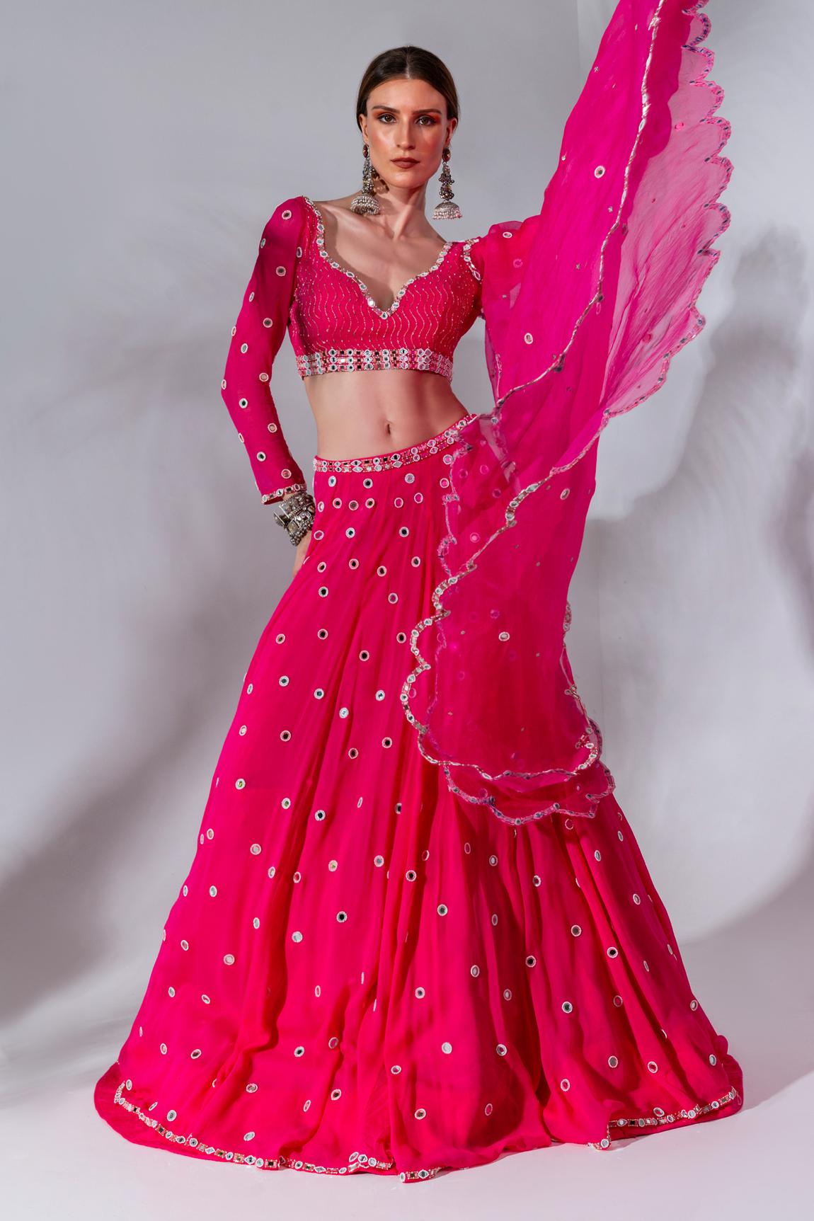 Fuchsia Georgette Mirror Embroidered Lehenga Set