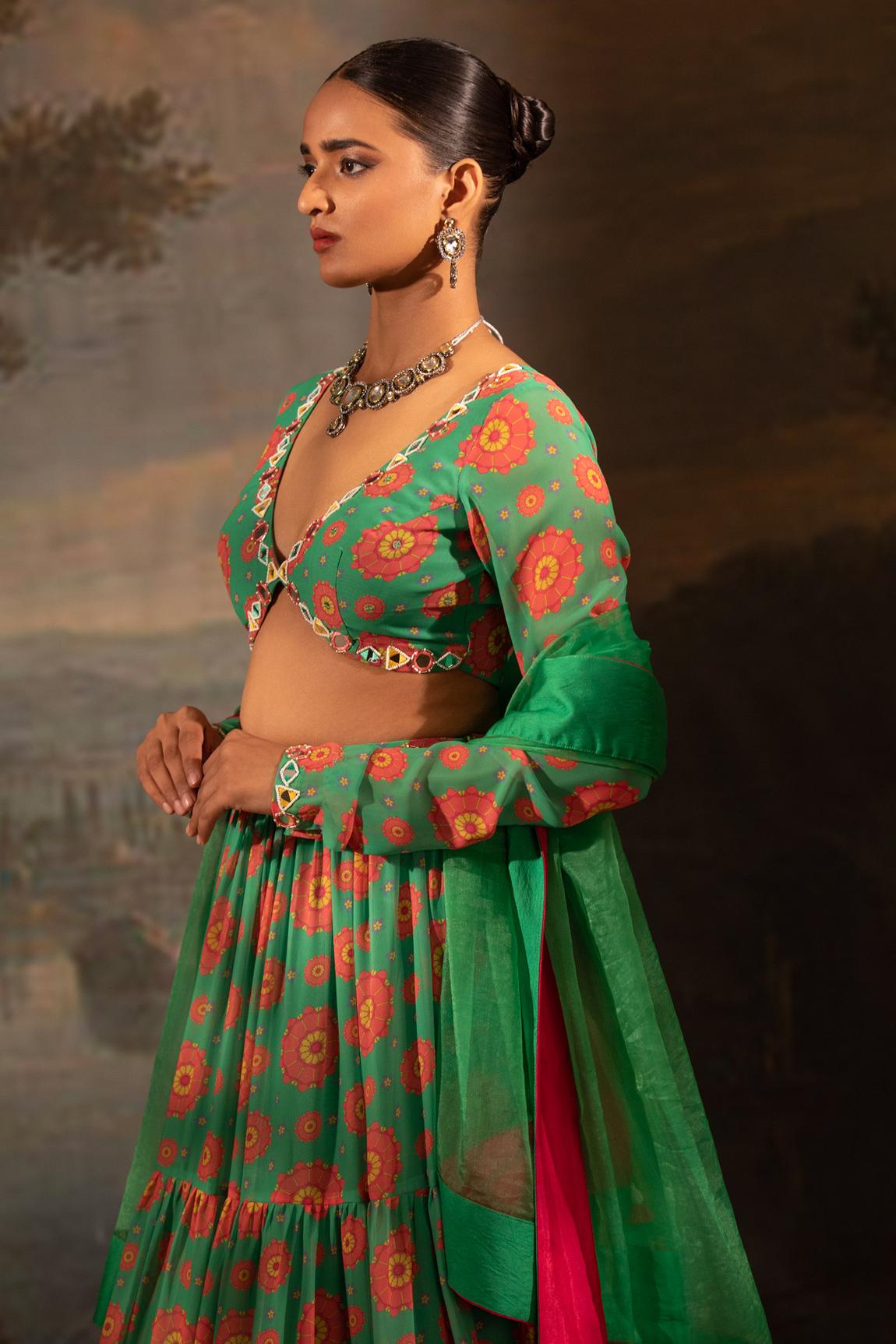 Green Garden Print Lehenga Set