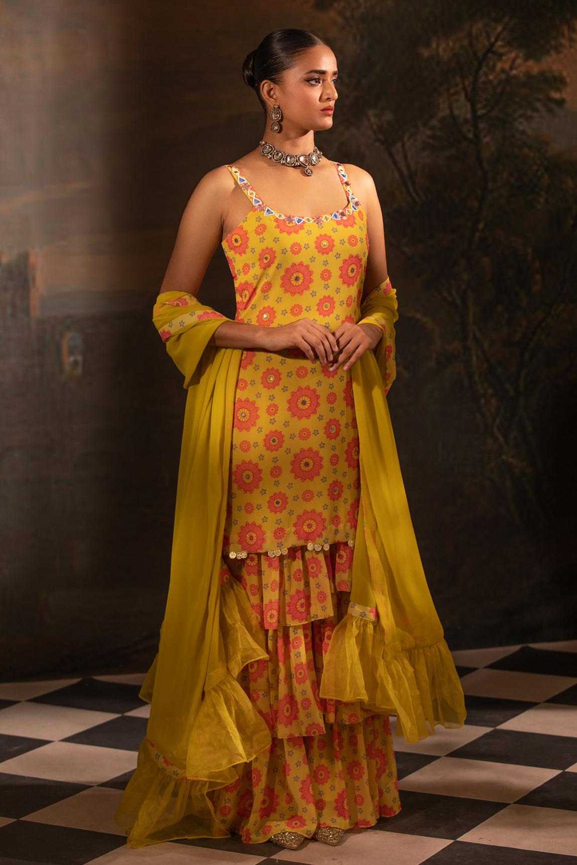 Yellow Georgette Floral Print Kurta Set