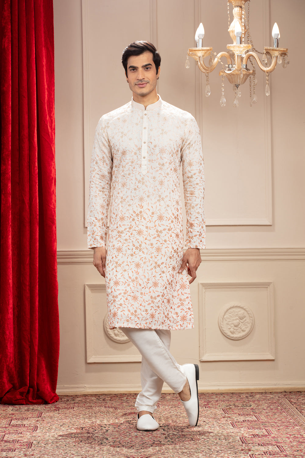 Off-White Kurta With All Over Floral Resham Work And White Pajama Set In Silk - Auraya Fashion - Riyaasat Men - #tag1# - #tag2# - #tag3# - #tag3#