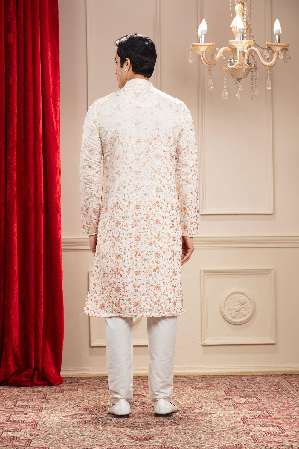 Off-White Kurta With All Over Floral Resham Work And White Pajama Set In Silk - Auraya Fashion -  - #tag1# - #tag2# - #tag3# - #tag3#