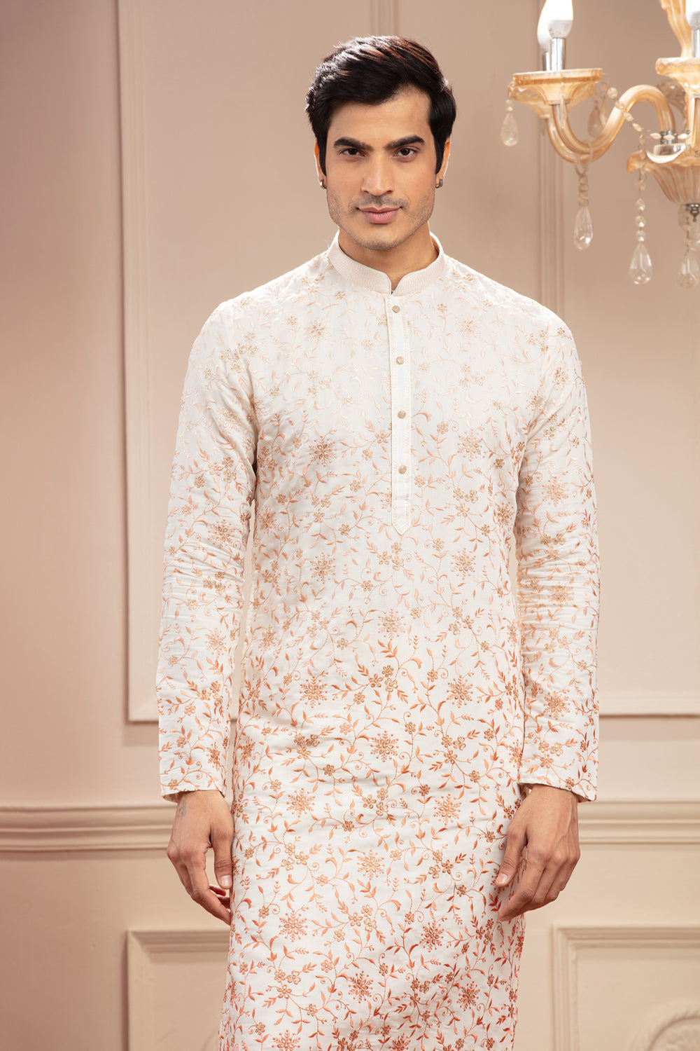 Off-White Kurta With All Over Floral Resham Work And White Pajama Set In Silk - Auraya Fashion -  - #tag1# - #tag2# - #tag3# - #tag3#