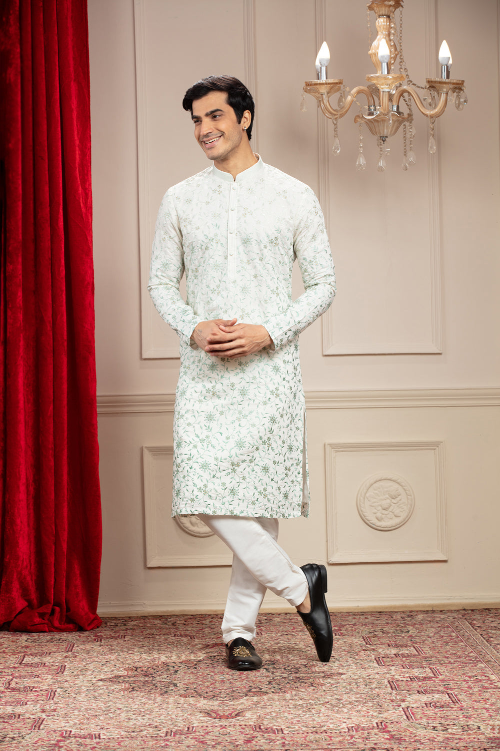 Alabaster White Kurta Pajama Set With All Over Resham Work