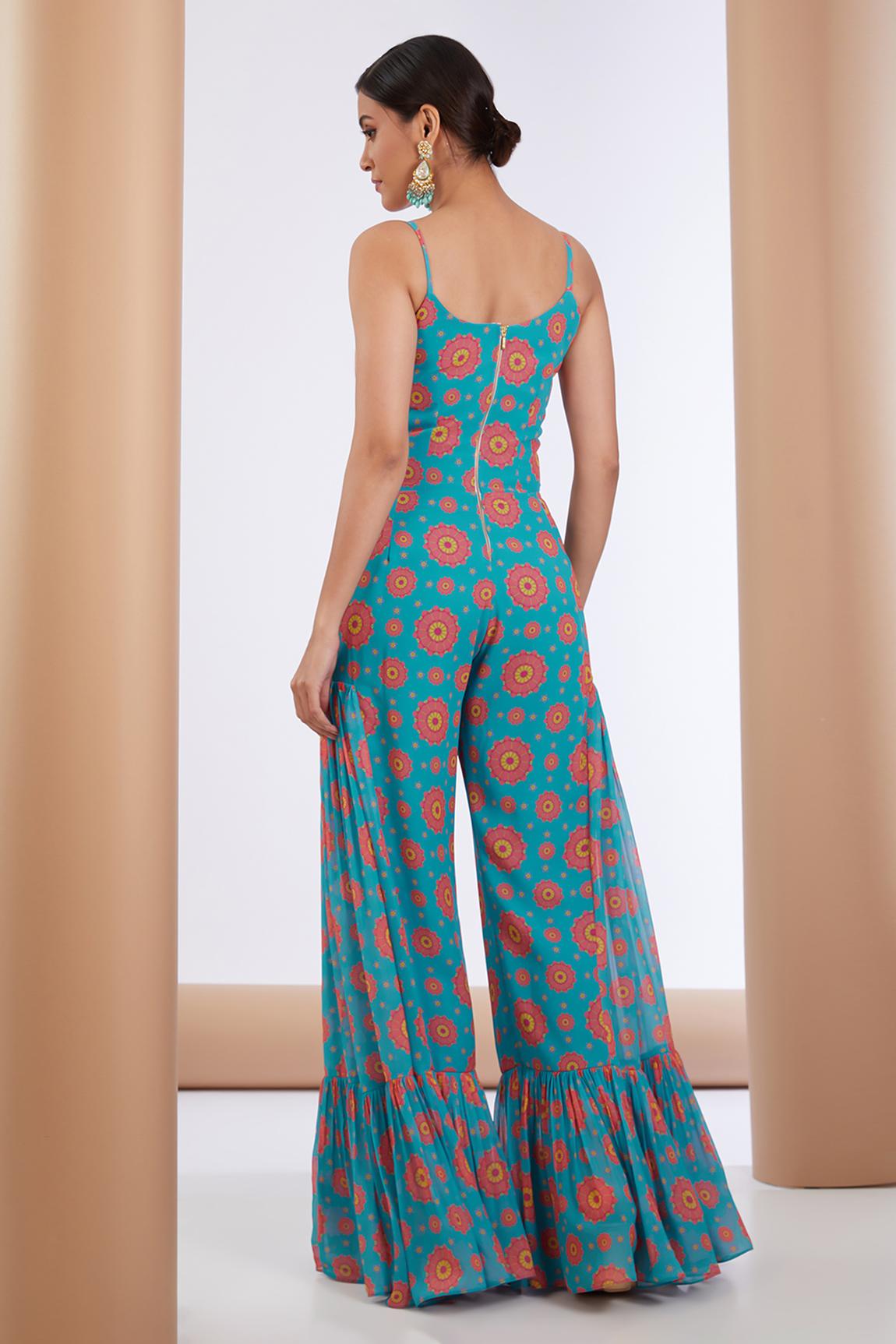 Blue Georgette Floral Print Embellished Jumpsuit